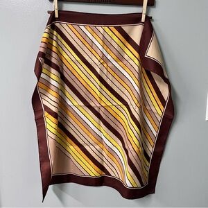 vintage 70s silky scarf yellow orange tan white striped rolled edge hem 26.5x 27